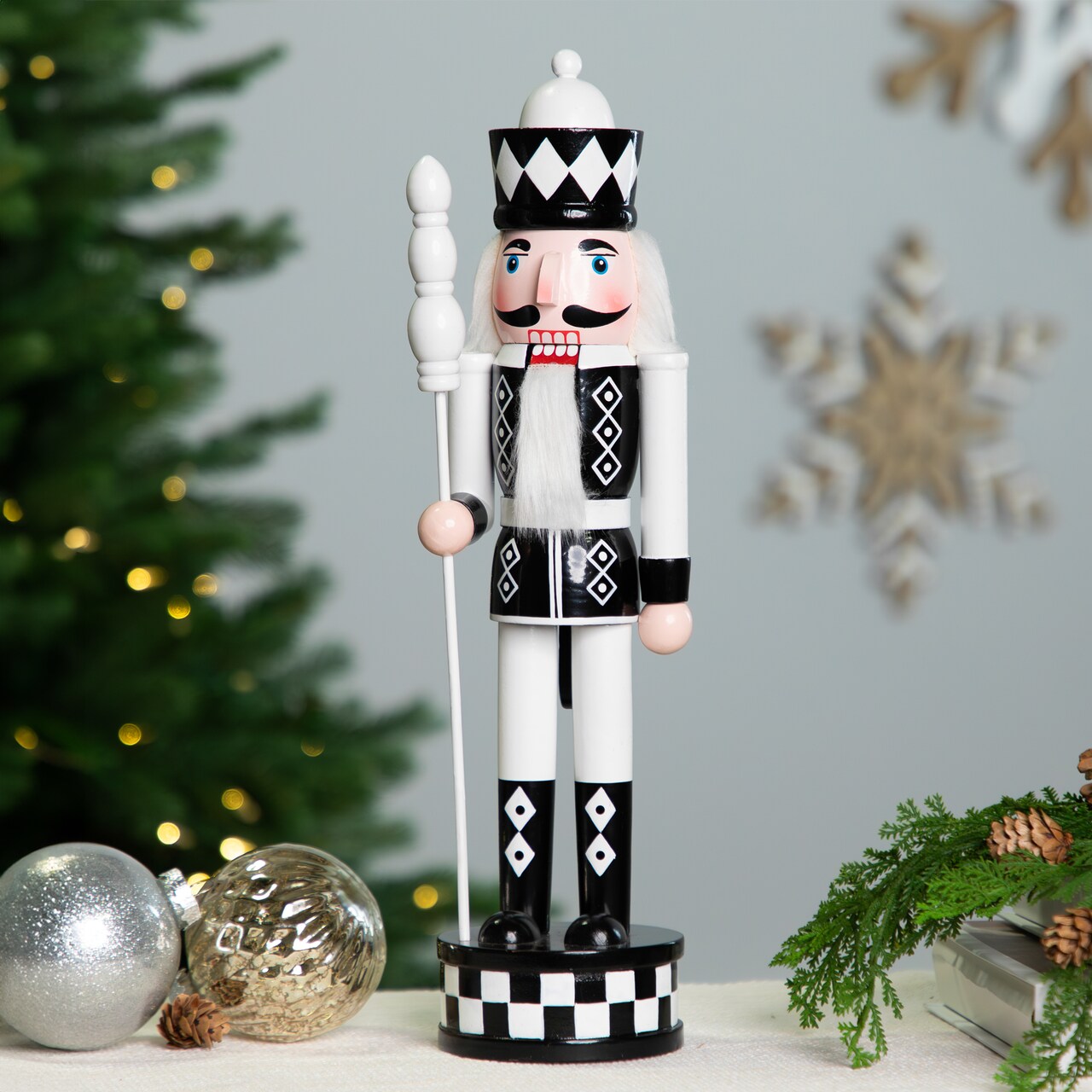 Northlight Checkered Nutcracker Soldier with Scepter Christmas Figure - 15" - Black and White